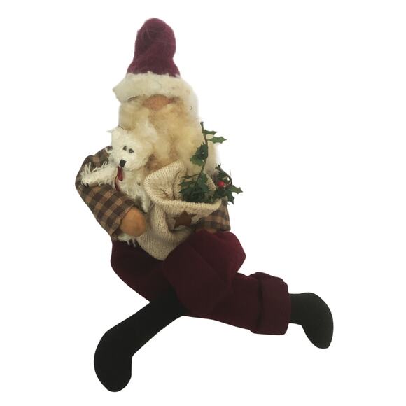 Vintage Folk Art Privative Look Santa Clause w/ Teddy Bear and Bag Shelf Sitter - Picture 2 of 7